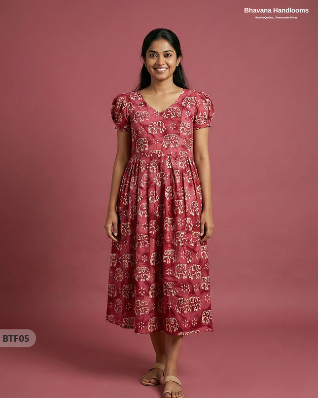 Handmade Batik Frock with Natural Dye – Potli Ball Neck Design Pink Colour