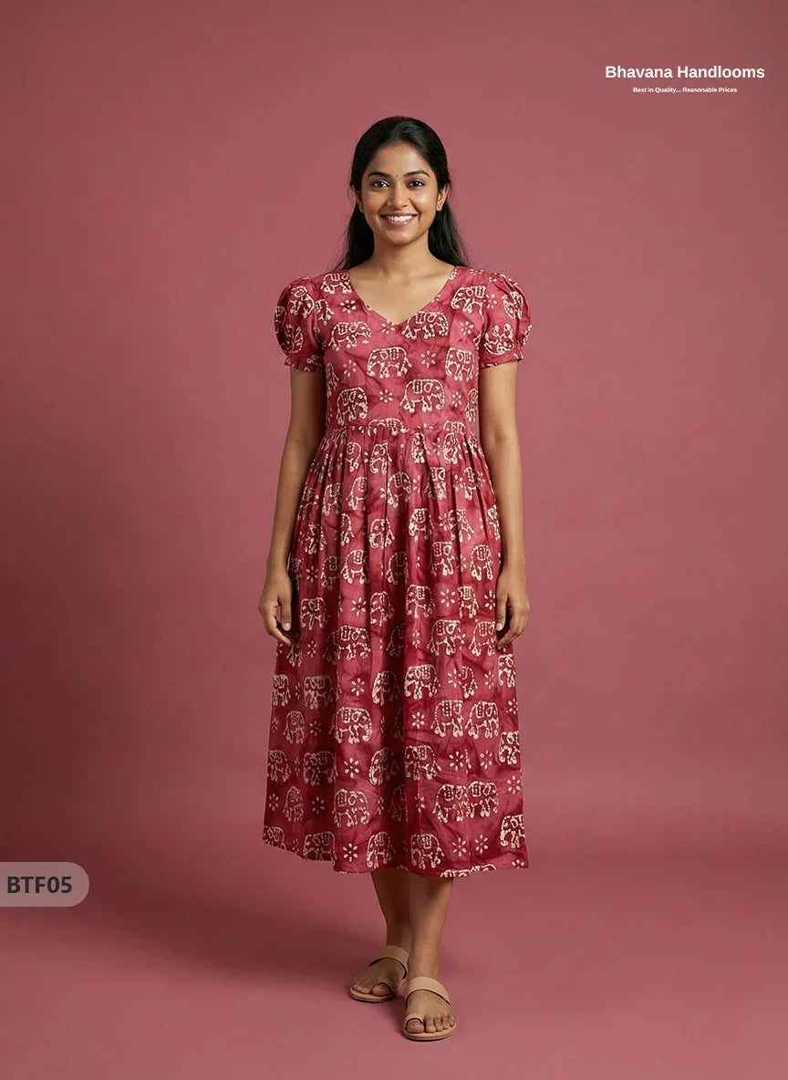 Handmade Batik Frock with Natural Dye – Potli Ball Neck Design Pink Colour