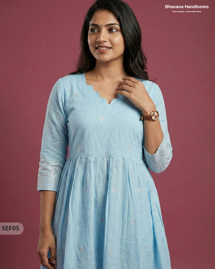 Premium Soft Semi Pattu Frock in Pastel Sky Blue | Full Length Lining