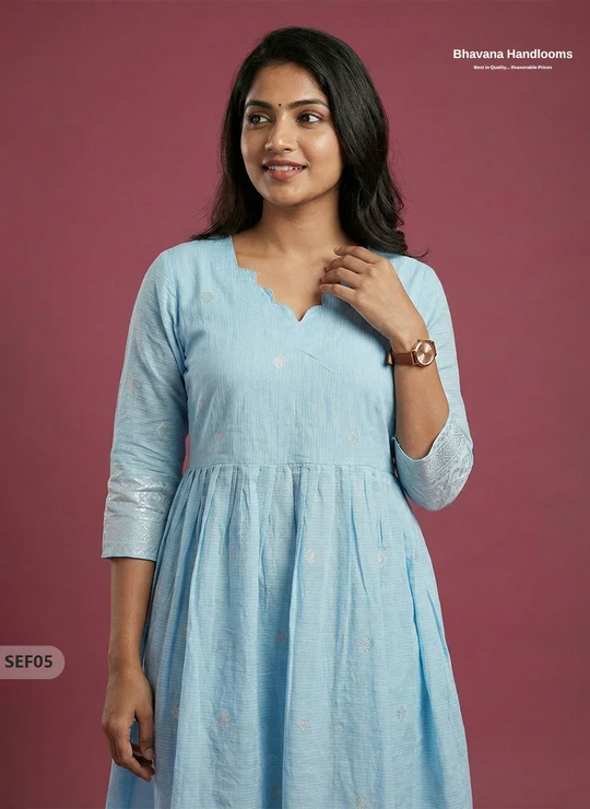 Premium Soft Semi Pattu Frock in Pastel Sky Blue | Full Length Lining