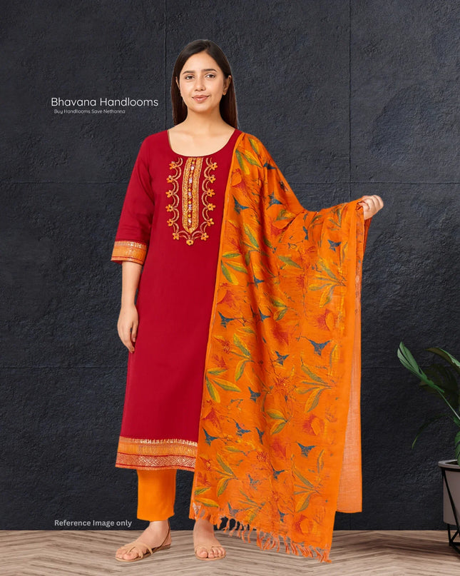 Mangalagiri Cotton Kurti Set Dark Red – Straight Cut Style, Elbow Length Sleeves