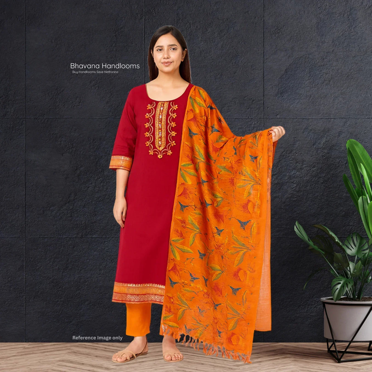 Mangalagiri Cotton Kurti Set Dark Red – Straight Cut Style, Elbow Length Sleeves