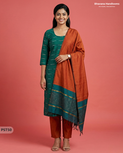Pochampally Semi Pattu 3PC Kurti Set in Green Colour | Ready-to-Wear Ethnic Wear