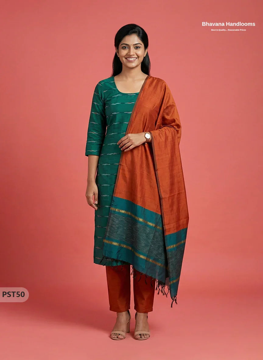 Pochampally Semi Pattu 3PC Kurti Set in Green Colour | Ready-to-Wear Ethnic Wear