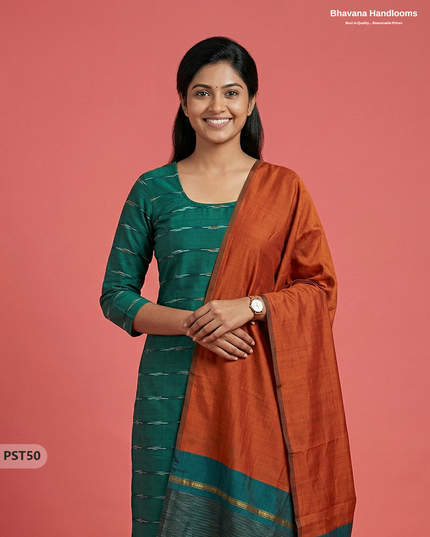 Pochampally Semi Pattu 3PC Kurti Set in Green Colour | Ready-to-Wear Ethnic Wear