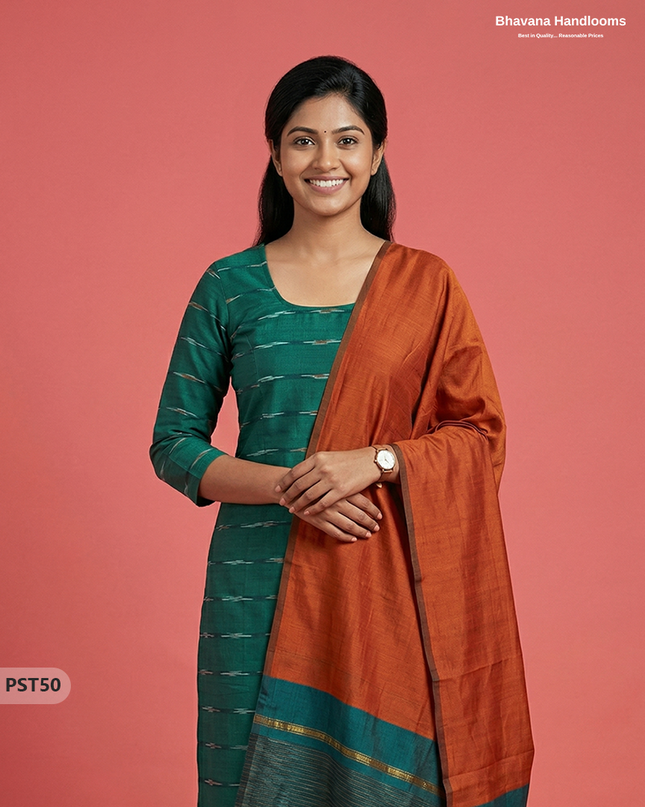Pochampally Semi Pattu 3PC Kurti Set in Green Colour | Ready-to-Wear Ethnic Wear
