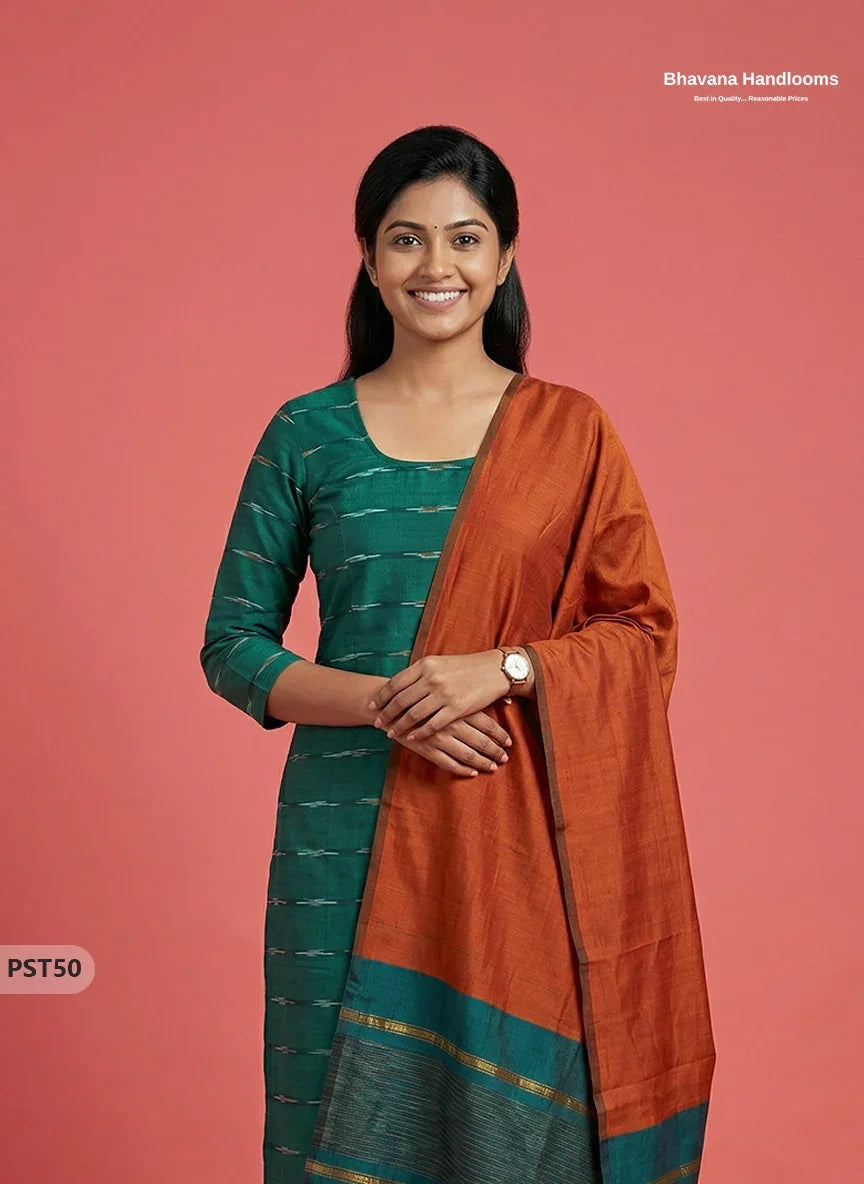 Pochampally Semi Pattu 3PC Kurti Set in Green Colour | Ready-to-Wear Ethnic Wear
