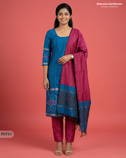 Pochampally Semi Pattu 3PC Kurti Set in Blue Colour | Ready-to-Wear Ethnic Wear