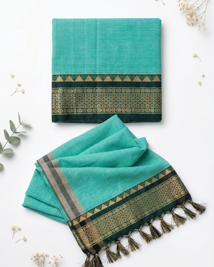 Traditional wear Narayanpet Mercerised cotton dress material with Cyan colour