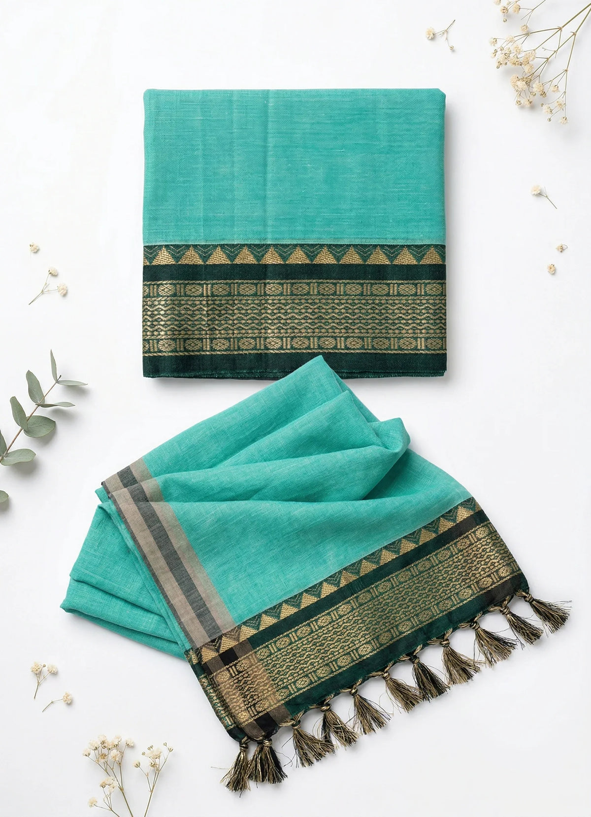 Traditional wear Narayanpet Mercerised cotton dress material with Cyan colour