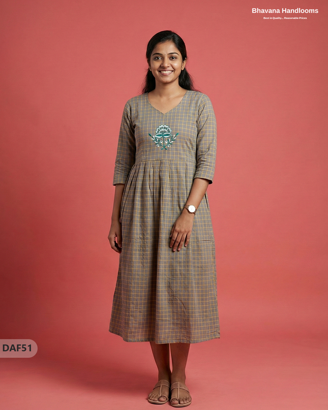 Comfortable Daily Wear Cotton Frock – Yellow Gray  Colour | Half Lining