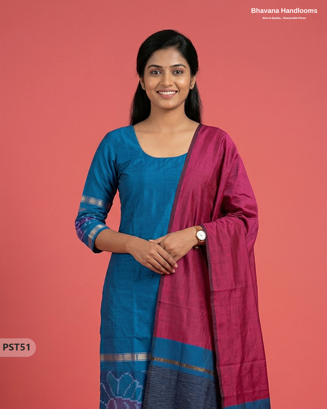 Pochampally Semi Pattu 3PC Kurti Set in Blue Colour | Ready-to-Wear Ethnic Wear