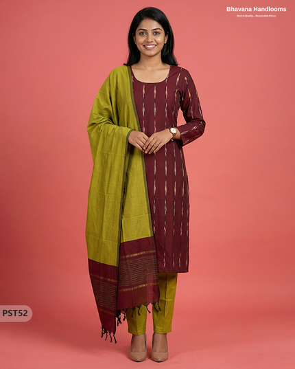 Pochampally Semi Pattu 3PC Kurti Set in Maroon Colour | Ready-to-Wear Ethnic Wear