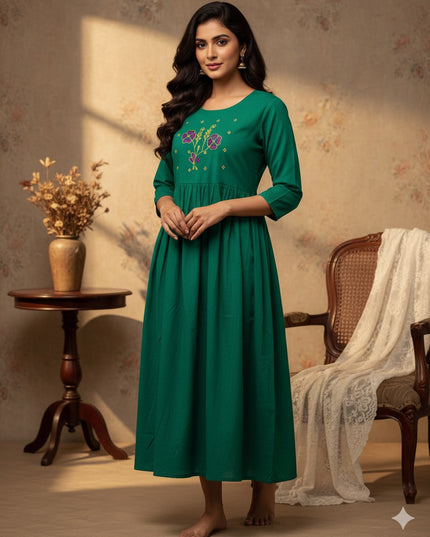 Cotton Plain Long Frock with Dark Cyan Colour