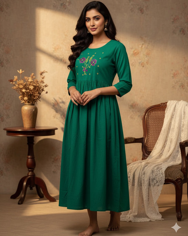 Cotton Plain Long Frock with Dark Cyan Colour