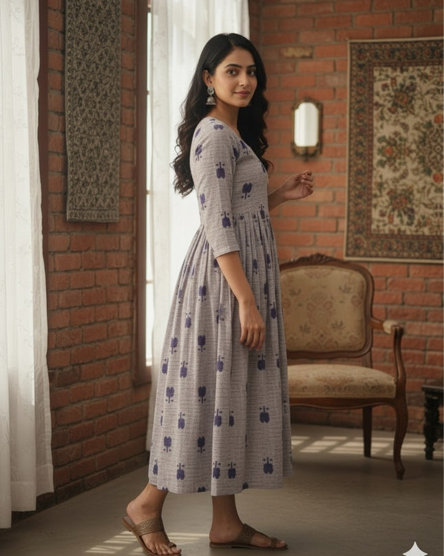 Gray Floral Printed Cotton Frock for Women – Casual Wear | Bhavana Handlooms