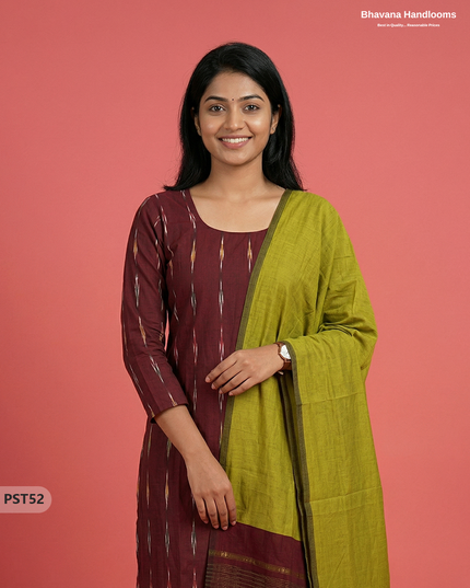 Pochampally Semi Pattu 3PC Kurti Set in Maroon Colour | Ready-to-Wear Ethnic Wear