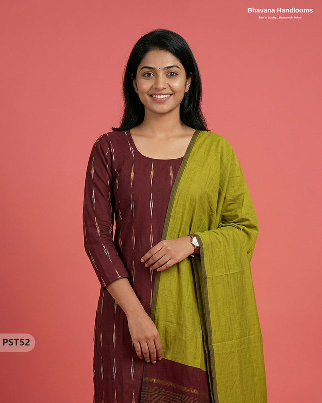 Pochampally Semi Pattu 3PC Kurti Set in Maroon Colour | Ready-to-Wear Ethnic Wear
