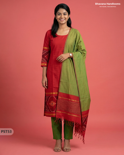 Pochampally Semi Pattu 3PC Kurti Set in Red Colour | Ready-to-Wear Ethnic Wearc