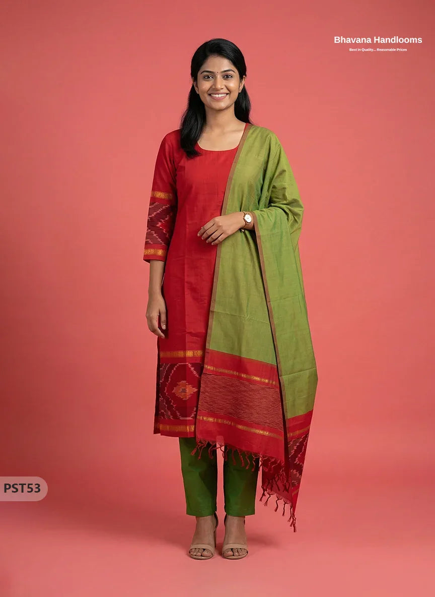 Pochampally Semi Pattu 3PC Kurti Set in Red Colour | Ready-to-Wear Ethnic Wearc