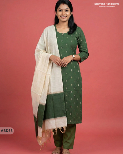 Raw Silk 3-Piece Kurti Set – Dark Green | Full Length Lining with Elastic Bottom