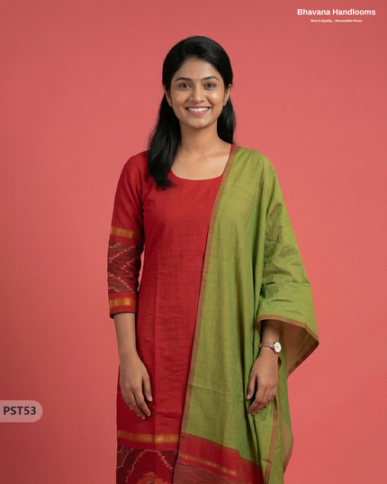 Pochampally Semi Pattu 3PC Kurti Set in Red Colour | Ready-to-Wear Ethnic Wearc