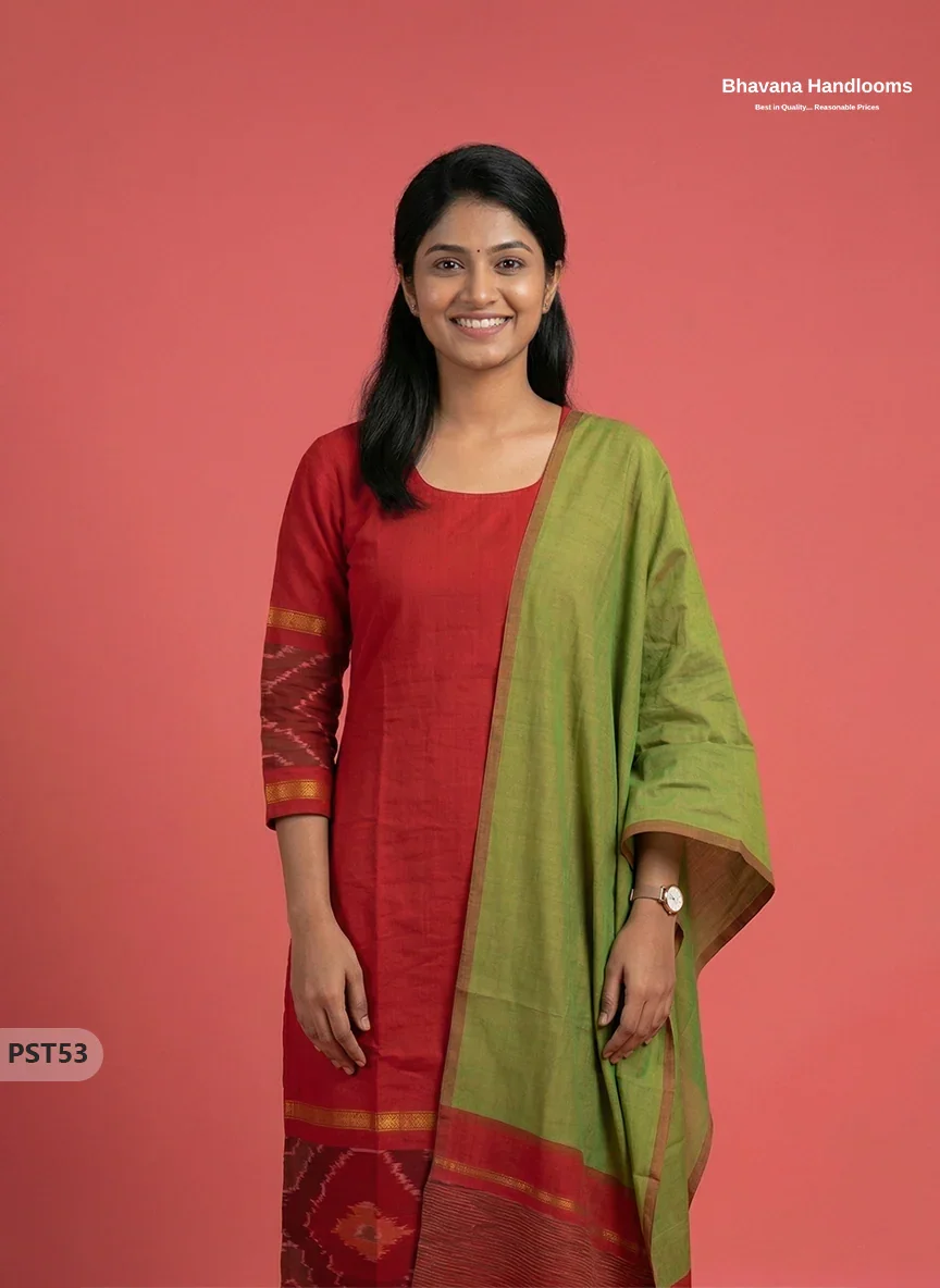 Pochampally Semi Pattu 3PC Kurti Set in Red Colour | Ready-to-Wear Ethnic Wearc