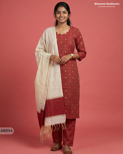 Raw Silk 3-Piece Kurti Set – Maroon | Full Length Lining with Elastic Bottom
