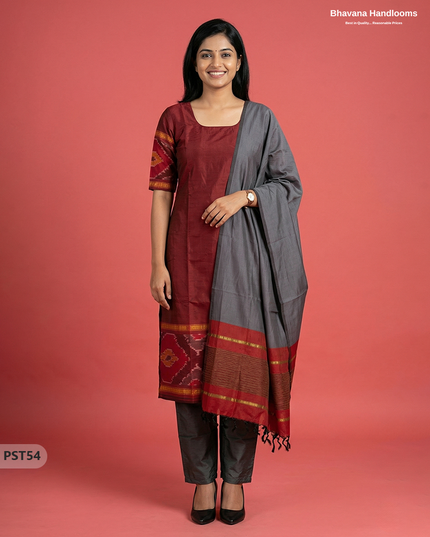Pochampally Semi Pattu 3PC Kurti Set in Marron Colour | Ready-to-Wear Ethnic Wear