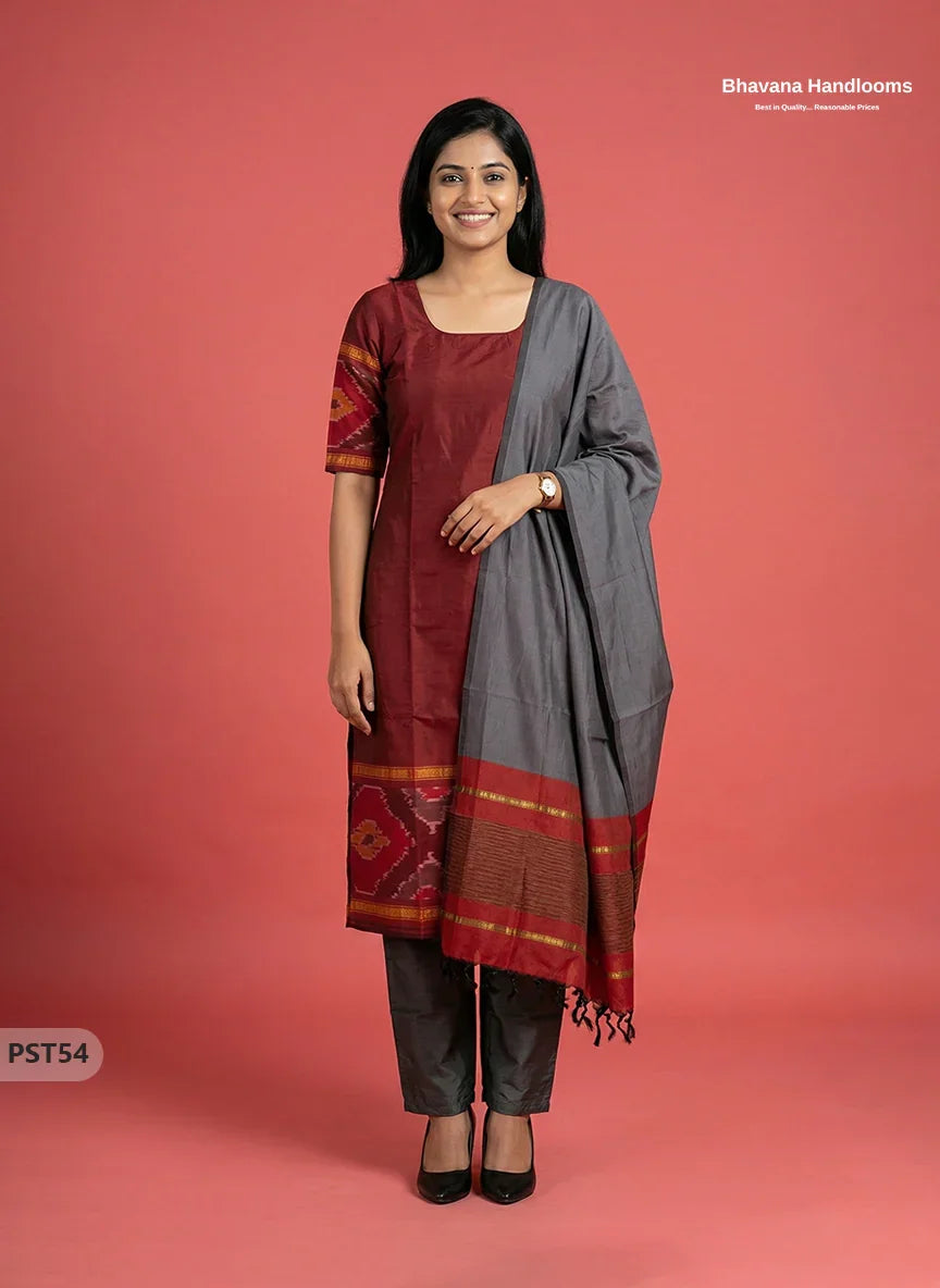 Pochampally Semi Pattu 3PC Kurti Set in Marron Colour | Ready-to-Wear Ethnic Wear