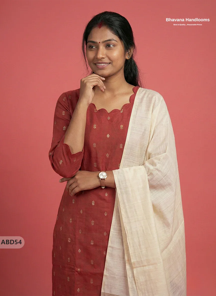 Raw Silk 3-Piece Kurti Set – Maroon | Full Length Lining with Elastic Bottom