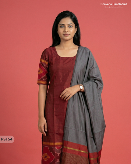 Pochampally Semi Pattu 3PC Kurti Set in Marron Colour | Ready-to-Wear Ethnic Wear