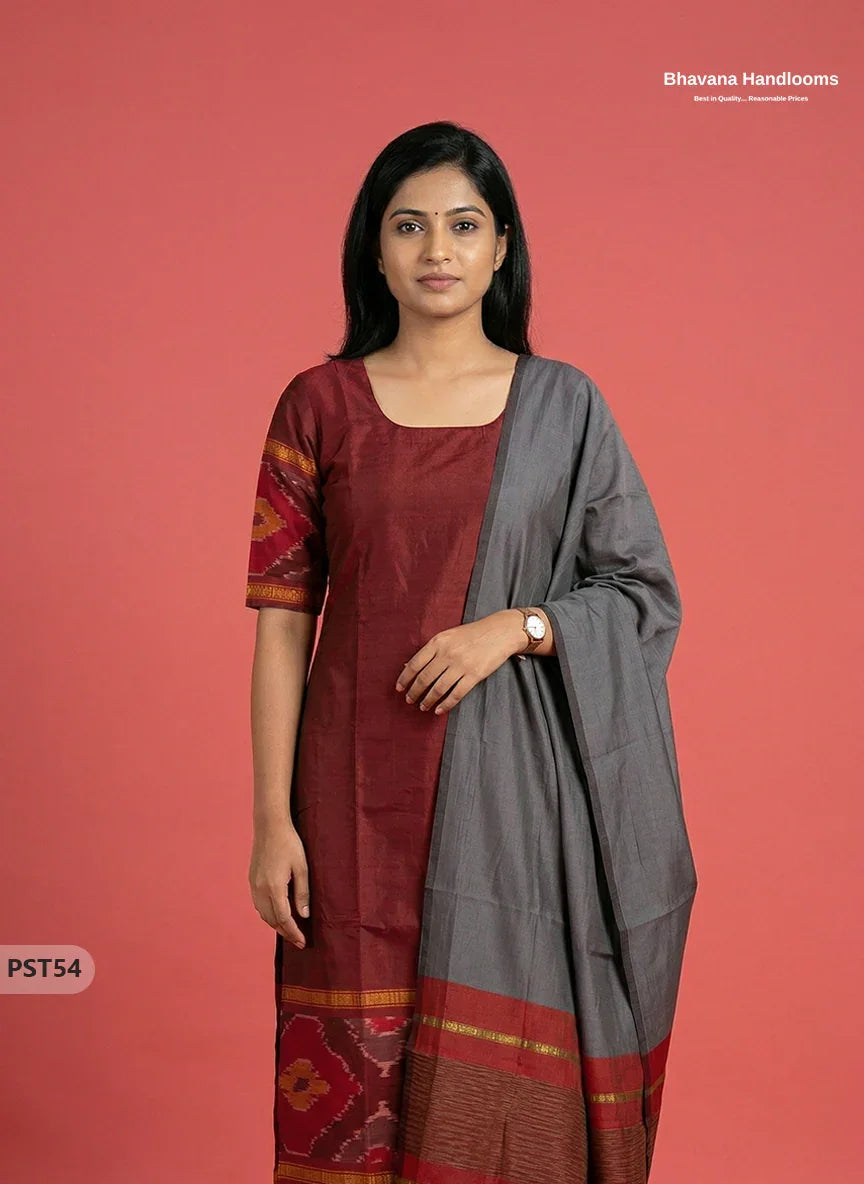 Pochampally Semi Pattu 3PC Kurti Set in Marron Colour | Ready-to-Wear Ethnic Wear