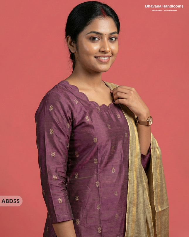 Raw Silk 3-Piece Kurti Set in Onion Pink | Knotted Bottom (No Elastic)
