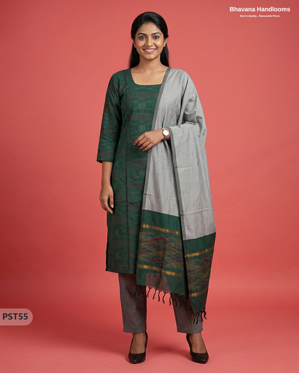 Pochampally Semi Pattu 3PC Kurti Set in Dark Green Colour | Ready-to-Wear Ethnic Wear
