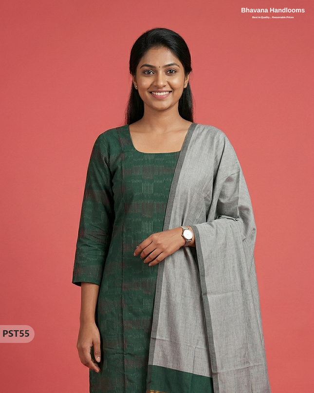Pochampally Semi Pattu 3PC Kurti Set in Dark Green Colour | Ready-to-Wear Ethnic Wear