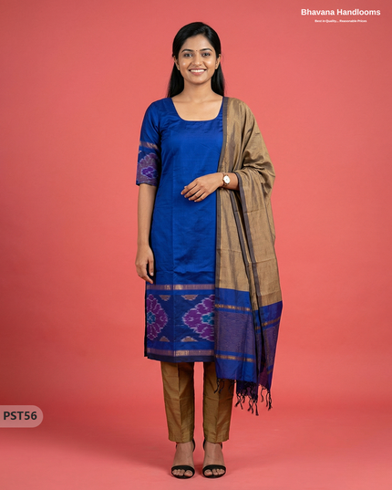 Pochampally Semi Pattu 3PC Kurti Set in Royal Blue Colour | Ready-to-Wear Ethnic Wear