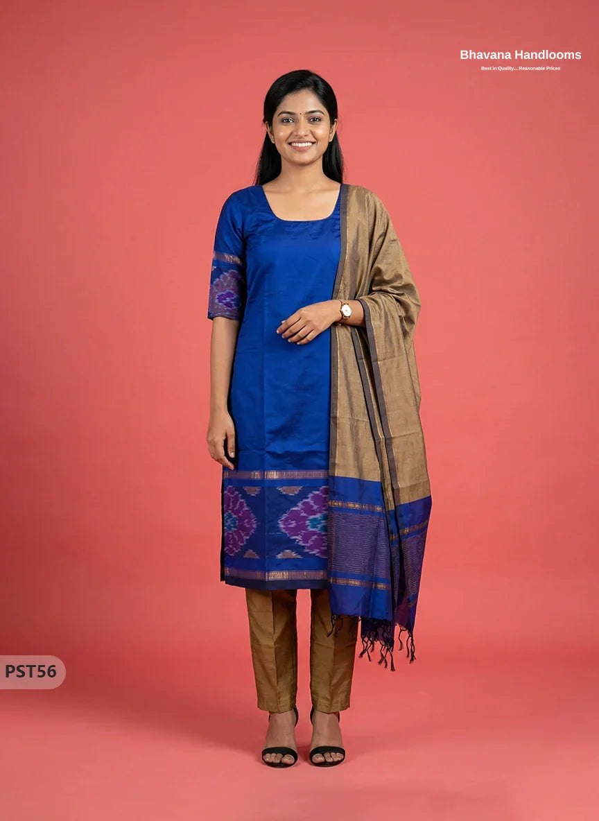 Pochampally Semi Pattu 3PC Kurti Set in Royal Blue Colour | Ready-to-Wear Ethnic Wear