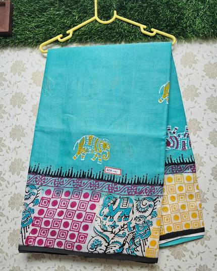 Vasundhara 120count Printed Cotton Saree with Pastal Sea Blue colour