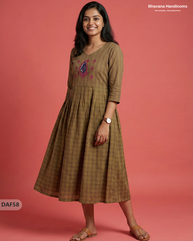 Comfortable Daily Wear Cotton Frock – Brown Colour | Half Lining