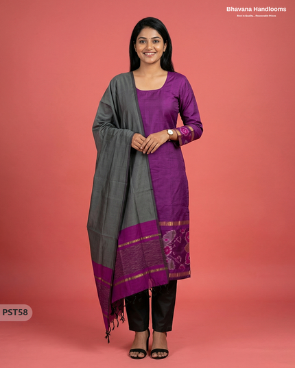 Pochampally Semi Pattu 3PC Kurti Set in Purple Colour | Ready-to-Wear Ethnic Wear