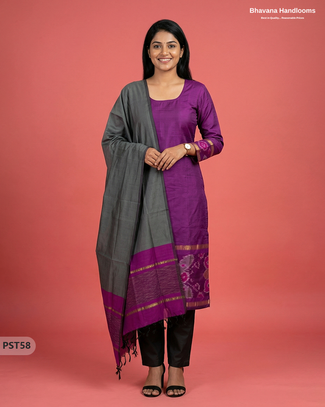 Pochampally Semi Pattu 3PC Kurti Set in Purple Colour | Ready-to-Wear Ethnic Wear
