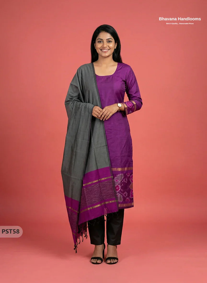Pochampally Semi Pattu 3PC Kurti Set in Purple Colour | Ready-to-Wear Ethnic Wear