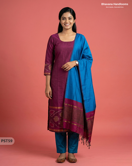 Pochampally Semi Pattu 3PC Kurti Set in Dark Pink Colour | Ready-to-Wear Ethnic Wear