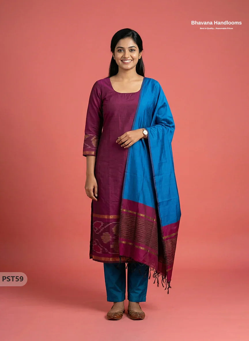 Pochampally Semi Pattu 3PC Kurti Set in Dark Pink Colour | Ready-to-Wear Ethnic Wear