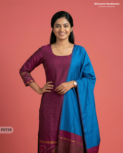 Pochampally Semi Pattu 3PC Kurti Set in Dark Pink Colour | Ready-to-Wear Ethnic Wear