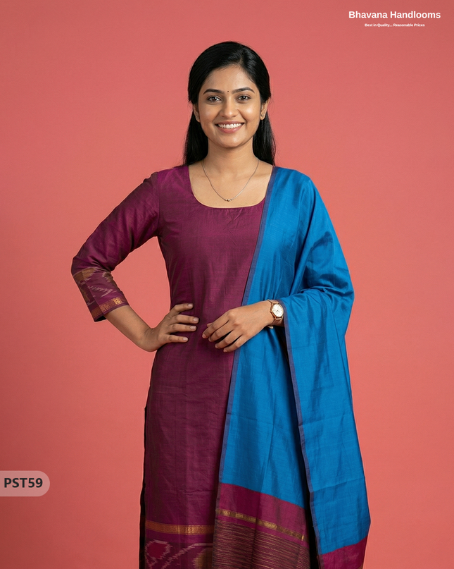 Pochampally Semi Pattu 3PC Kurti Set in Dark Pink Colour | Ready-to-Wear Ethnic Wear