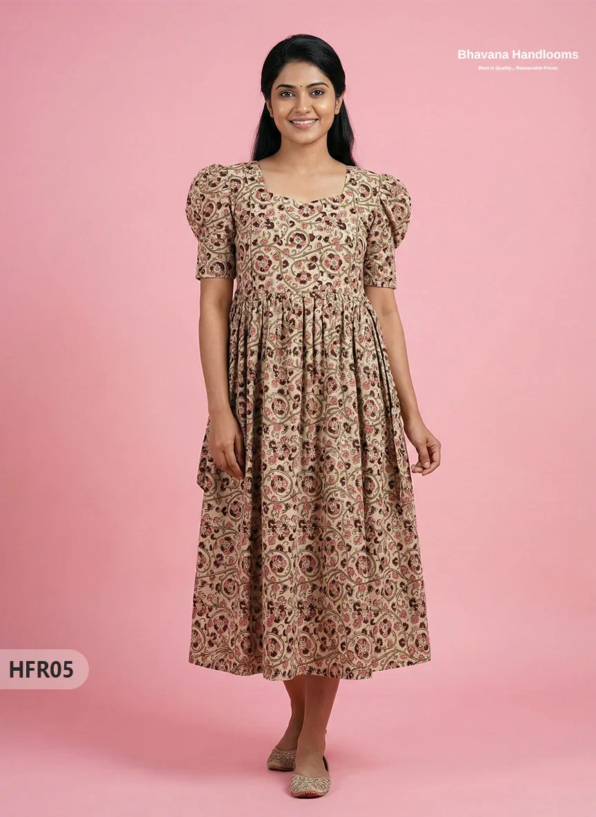 Feeding Frock with Handblock Design – Half White Color | Invisible Zips | Half Lining Maternity Wear