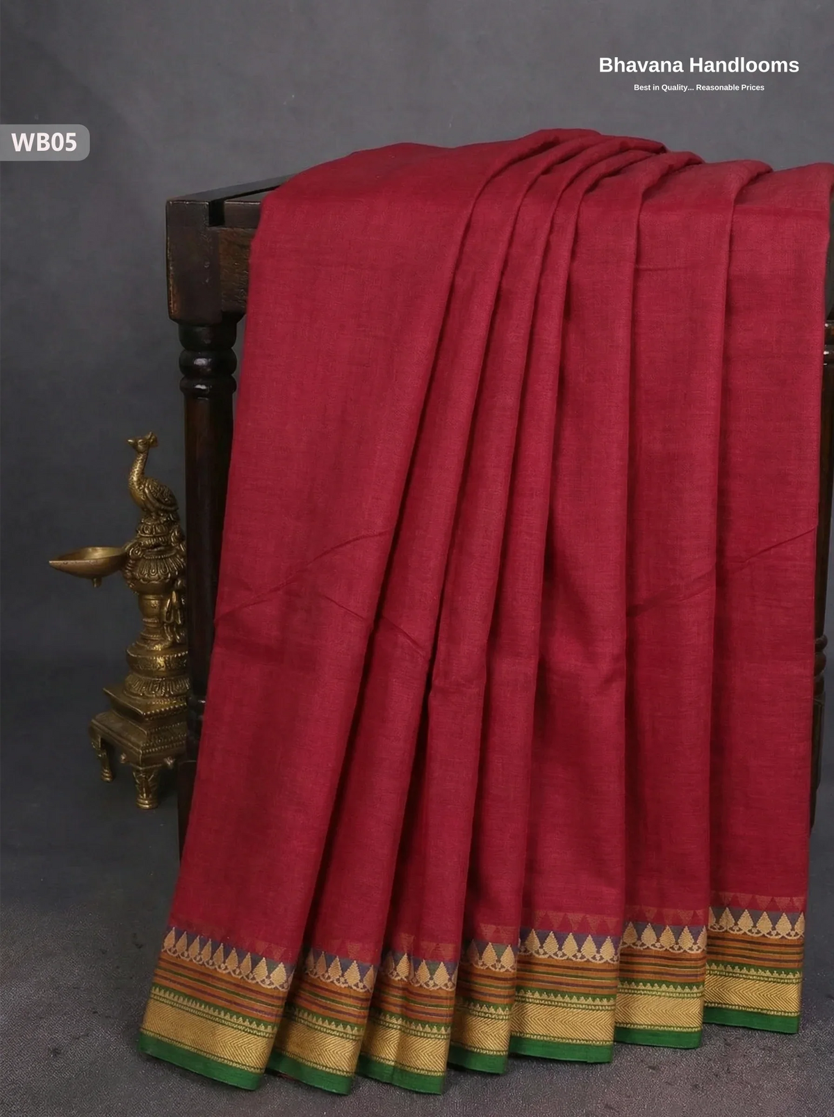 Authentic Kanchi Cotton Handloom Saree – Red Colour (Without Blouse)