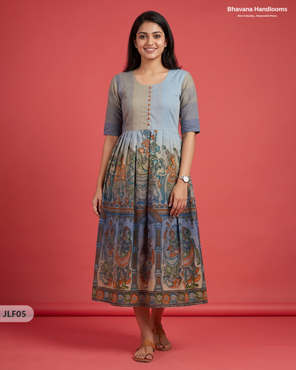 Traditional Handloom Frock with Ramayanam Design Prints in Multi Colour Shades | Sky Blue Colour
